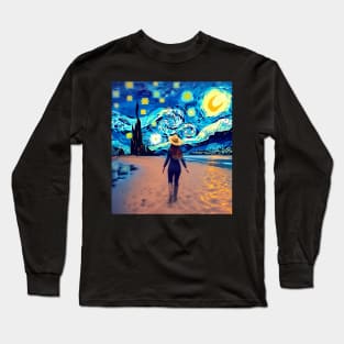 Van Gogh Starry Night Western Cow Girl Painting Long Sleeve T-Shirt